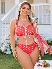 Swim Mod Plus Size Women's Summer Beach Heart Print Tie-Up Sexy Bikini Swimwear Set - Red and White - View 5
