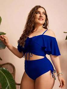 Swim Chiccia Women's Solid Color Spaghetti Strap Off-Shoulder 2-Piece Bikini Set With Ruffles And Drawstring - Elegant And Stylish For Vacation - Royal Blue - View 3