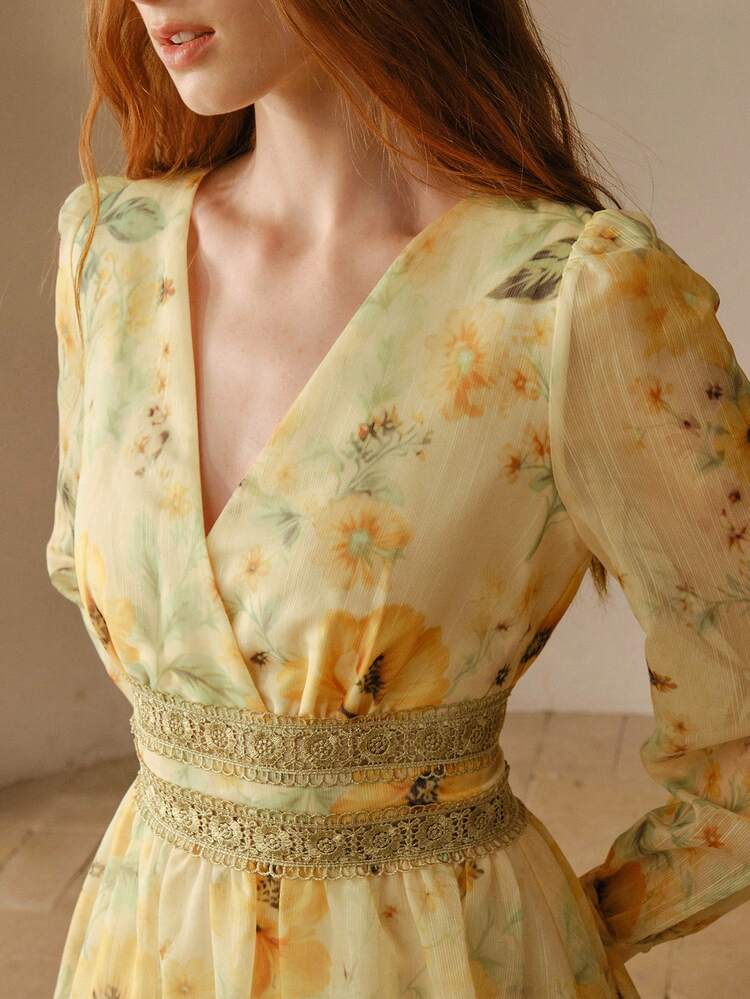 WOMEN'S V-NECK FLORAL PRINT LACE WAIST LANTERN SLEEVE DRESS