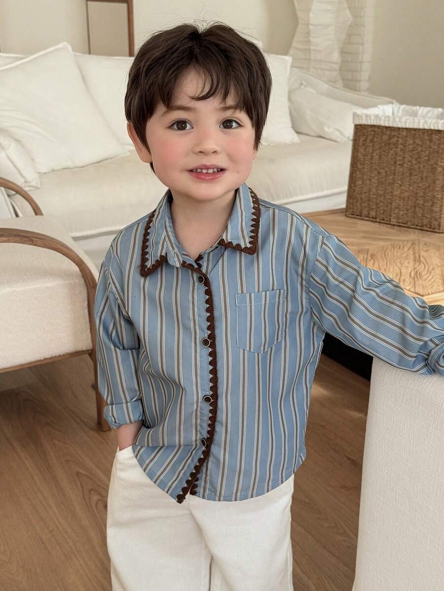 DAZY Toddler Boys' Casual Striped Collar Long Sleeve Top, Spring/Autumn - Blue - View 1