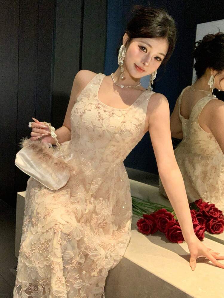 Women's Elegant Floral Sequin Lace Sleeveless Dress, Summer Wedding Guest Dress Sundress Cocktail Dress