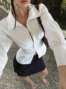 Livesso Women's Lace Trim Hollow Out Casual Blouse, Elegant Office Wear, Suitable For Valentine's Day, Wedding, Vacation, Slim Fit Long Sleeve Shirt, Spring/Summer - White - View 1