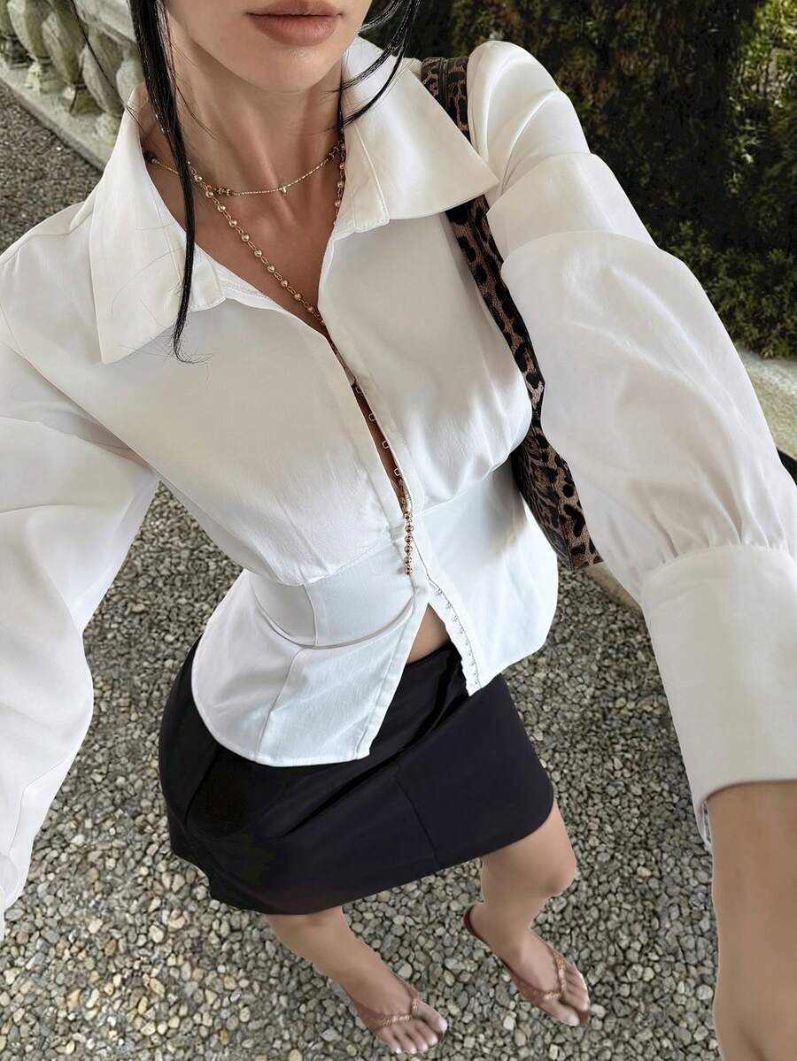 Livesso Women's Lace Trim Hollow Out Casual Blouse, Elegant Office Wear, Suitable For Valentine's Day, Wedding, Vacation, Slim Fit Long Sleeve Shirt, Spring/Summer - White - View 1