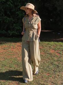 Livesso Women's Collared Sleeveless Waist Cinched Outdoor Top And Casual Pants 2 Pieces Set - Khaki - View 4