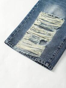 SHEIN Sparklyn Teen GirlGirl's Fashion Y2K Style Black & Grey Distressed Rhinestone Embellished Denim Capri Shorts - Medium Wash - View 3