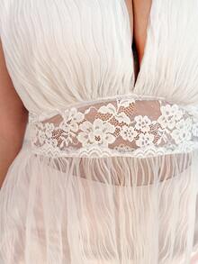 CovetEZ Plus Size Summer Romantic Spaghetti Strap Pleated Patchwork Chiffon Lace Halter Top, Summer Tops Sexy Blouses - Beige - View 7