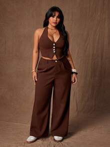 Rustia 大码女式纯色单排扣吊带上衣和直筒休闲裤套装 - 咖啡棕 - 查看 5