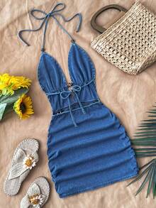 Soleia 女士休闲露背吊带牛仔连衣裙，适合度假 - 中等水洗藍 - 查看 2