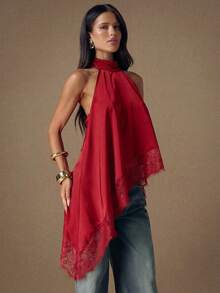 SHEIN BAE 优雅蕾丝拼接露背吊带背心，性感缎面无袖上衣，适合派对、鸡尾酒会、正式场合、圣诞节、商务休闲等场合。 - 紅色 - 查看 4