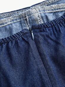 SHEIN MOD Women's Navy Off Shoulder Cinched Waist Denim Skater Dress, Suitable For Dates And Valentine's Day - Dark Wash - View 5