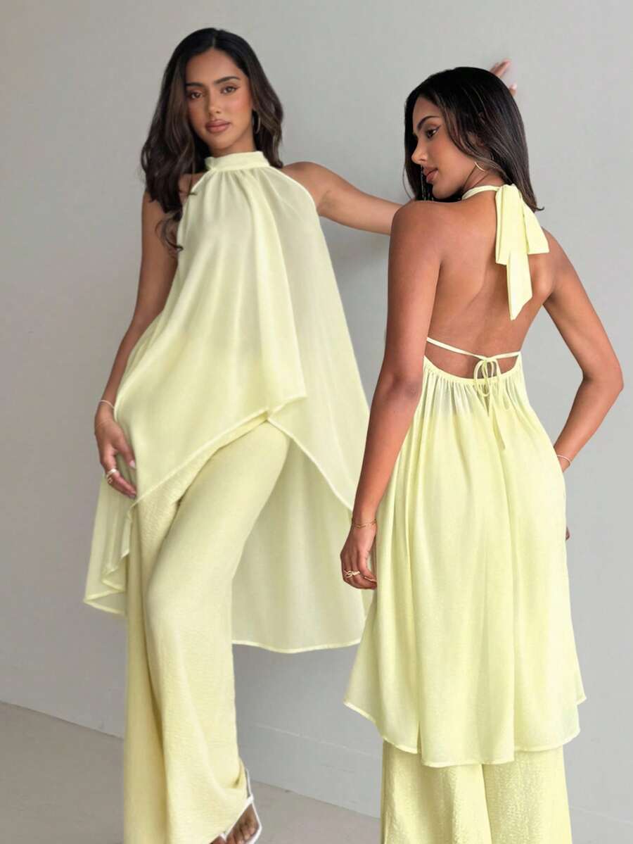 Aloruh 女士新款米黄色纯色吊带雪纺上衣和阔腿裤两件套，复古浪漫约会度假装，春夏款