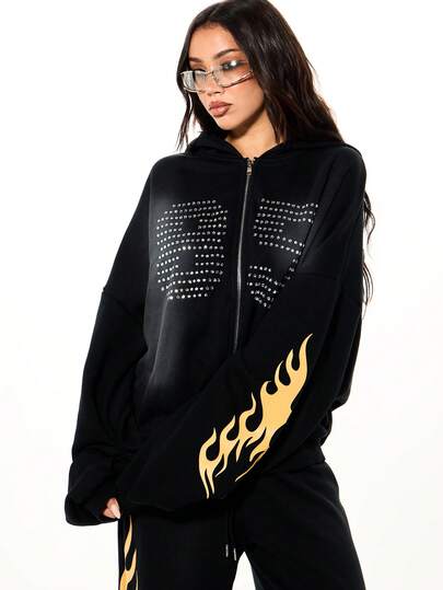 SUMWON WOMEN Sudadera con capucha con cremallera delantera oversize, con detalle de strass en el pecho y gráficos laterales con estampado de llamas naranjas, para uso casual y streetwear