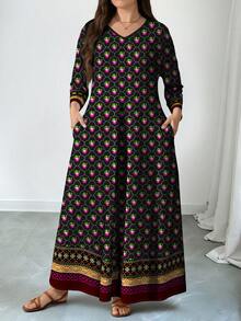 Lacomfia 大码女式花卉图案数码印花V领短袖连衣裙，带口袋，喇叭下摆，春夏款 - 彩色 - 查看 1