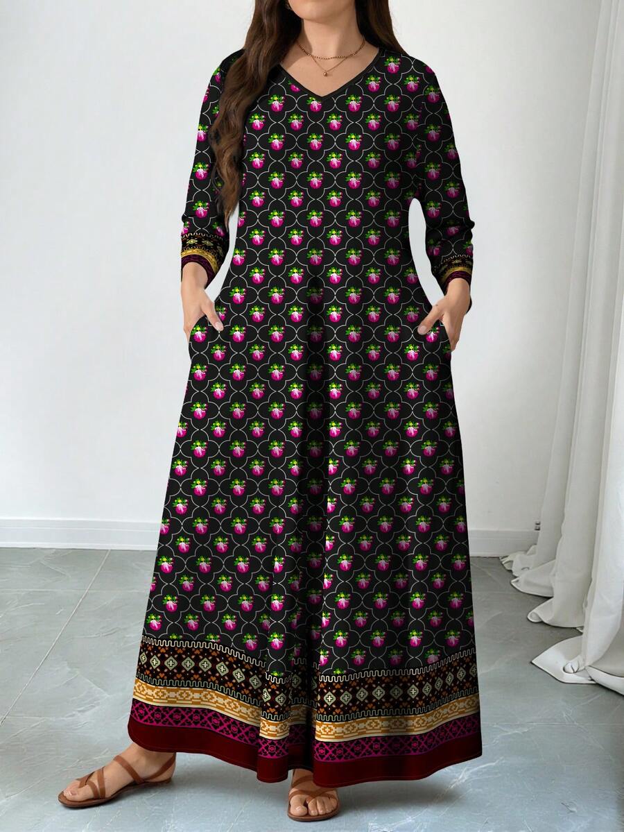 Lacomfia 大码女式花卉图案数码印花V领短袖连衣裙，带口袋，喇叭下摆，春夏款 - 彩色 - 查看 1