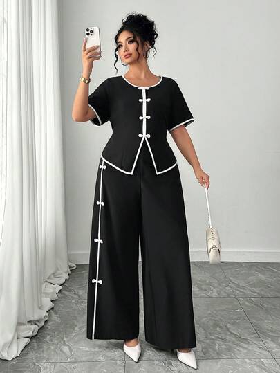 GlowEve CURVE Plus Size Fashionable Commuter Contrast Color Button-Up Top + Fashionable Commuter Contrast Color Button Decor Loose Wide-Leg Pants