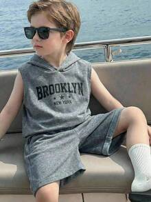 2pcs Kids Boy Casual Korean Style Letter Print Hooded Sweatshirt And Solid Color Shorts Set - Grey - View 4