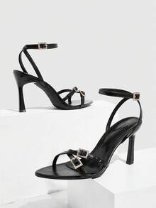 CUCCOO SZL Sandalias de tacón alto negro de moda para mujer, zapatos de primavera y verano para vacaciones de primavera, Pascua y baile de graduación - PU negro - Ver 10