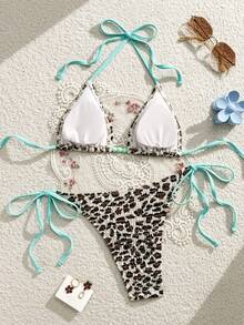 Swim Mod 2pcs/Set Women's Halter Neck Swimwear, Leopard & Zebra Print Beaded Tie-Up Sexy Bikini Set, Summer Beach Holiday - Multicolor - View 6