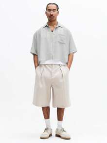 SUMWON 短袖纽扣衬衫，带胸袋，休闲办公夏季轻薄翻领上衣，商务休闲周末宽松版型 - 淺灰色 - 查看 3