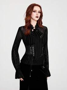 Breakform 女士哥特式性感优雅蕾丝拼接系领条纹植绒网纱长袖喇叭袖口可调节抽绳修身衬衫 - 黑色 - 查看 3