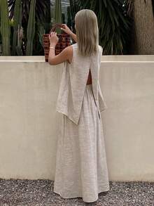 DAZY Spring/Summer Elegant Casual Vacation Beach Sleeveless Top And Skirt Set, Romantic, Wedding, Commute, Old Money Style For Women Lounge Sets For Women - Khaki - View 6