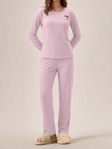 EURMUSE 100%Cotton Letter Embroidery Ribbed Knit Lounge Set - Baby Pink - View 1
