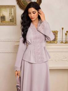 Modelyn 女士纯色简约长袖上衣和半裙两件套，日常穿着 - 紫色 - 查看 4