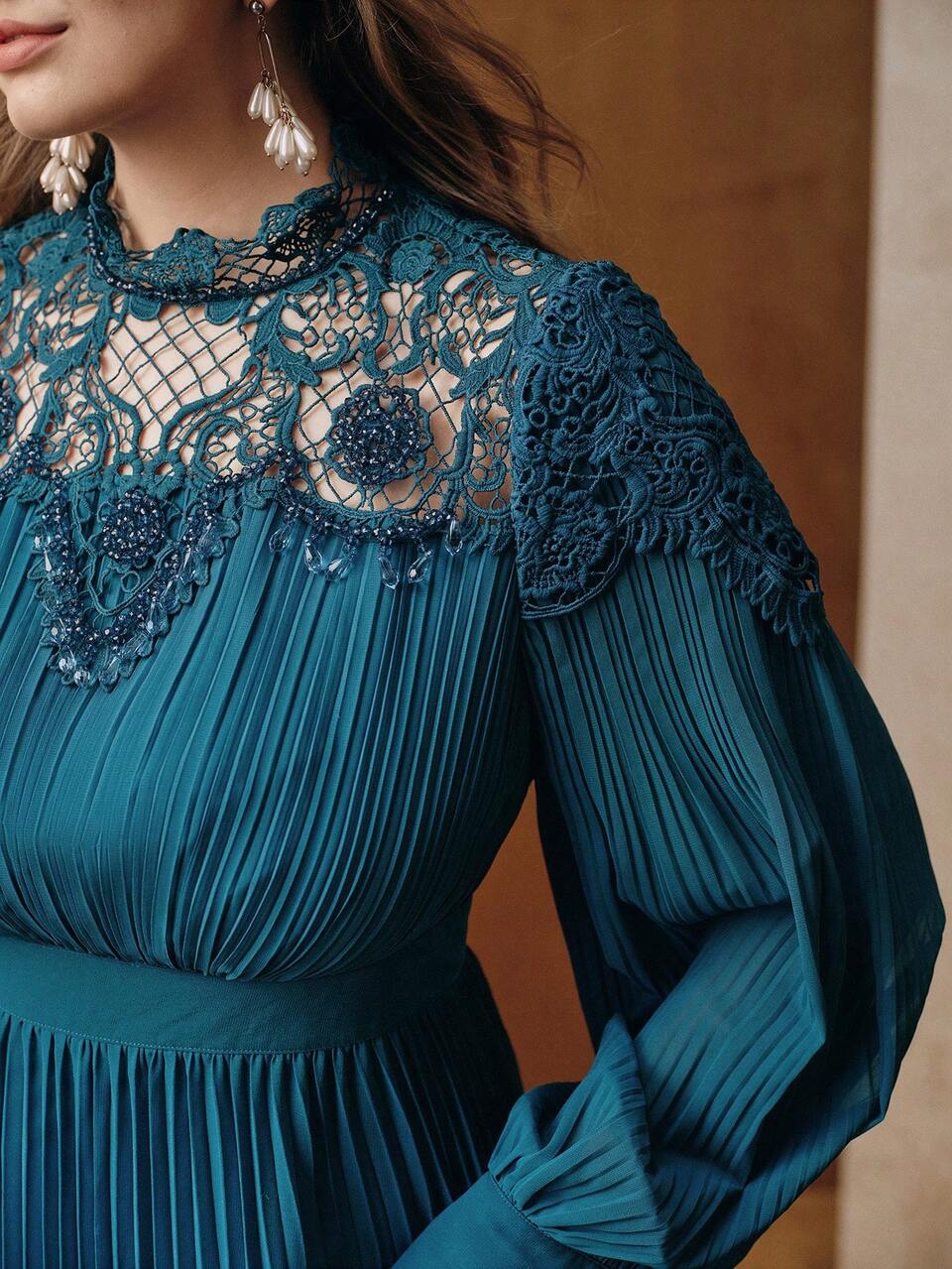 Anewsta Plus Size Women Long Dress With Handmade Beaded Floral Lace Patchwork Pleated Hem, Elegant Fashion Dress