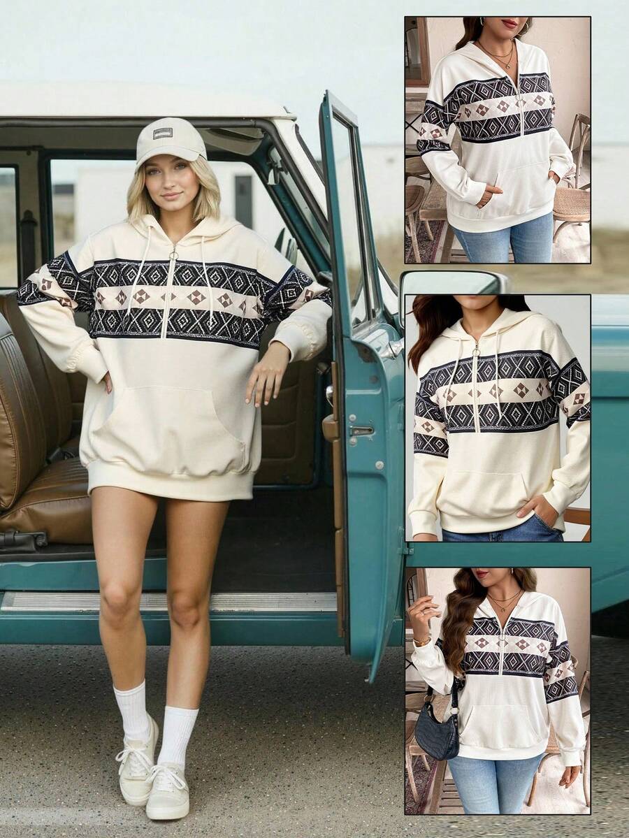 Weeklong Plus Size Women's Casual Hooded Long Sweatshirt With Half Placket Zipper And Geometric Pattern Multicolor - Multicolor - View 1