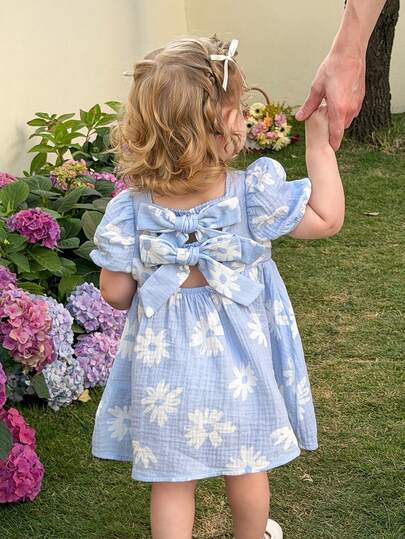 LMoss Kids LMoss   Baby Girl Ditsy Floral Puff Sleeve Casual Dress, Baby Bow Dress Baby Vintage Dress Tea Party Outfit Blue Floral Baby Dress