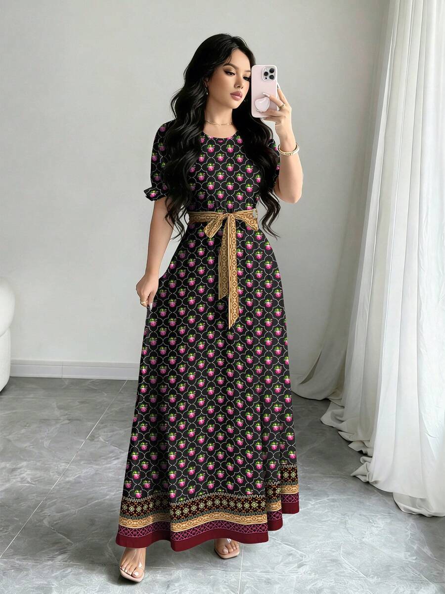 Modelyn Đầm nữ họa tiết hoa và hoa văn retro, cổ tròn, tay ngắn, dáng ôm eo, thích hợp cho mùa xuân/hè. - Nhiều màu - Xem 1