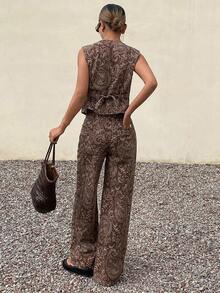 DAZY Sleeveless V-Neck Casual Top & Cashew Flower All-Over Print Casual Pants Women Denim Suit - Brown - View 2