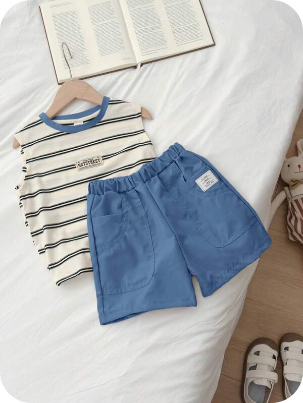 SHEIN 2件套男童休闲舒适百搭条纹印花无袖上衣和纯色短裤套装