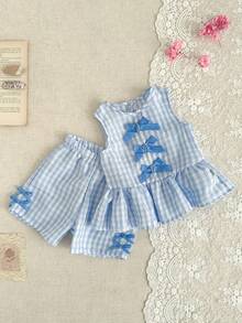 SHEIN Baby Girl Plaid Bow Decor Ruffle Hem Sleeveless Top And Shorts Cute Set - Baby Blue - View 4