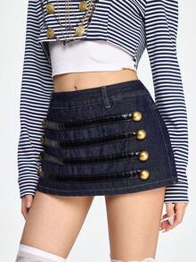 ROMWE Grunge Punk Falda vaquera de cintura baja con decoración de botones de bronce estilo palacio retro Y2K - Azul - Ver 5