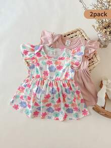 SHEIN 2pcs Newborn Baby Girls Floral Print Round Neck Cap Sleeve Solid Color Pink Casual Waisted Cute Mini Dress, Suitable For Summer Outings Or Travel - Pink - View 11