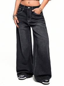 ROMWE Grunge Punk Jeans anchos de cintura baja con ajuste holgado, estilo Y2K chic, con bordado de letras y cruces desgastados - Gris Oscuro - Ver 4