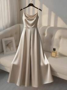 Franclia Minimalist Sleeveless Studded Jumpsuit For Women,Elegant Summer Beige Satin Dress,Champagne Formal Dining Pearl Dress,Classy Ivory White Silk Dress - Apricot - View 3