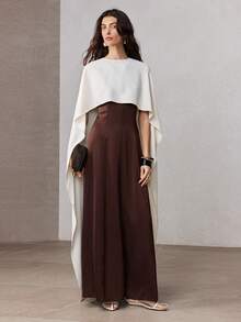 ZEYLAH Contrast Color Long Fitted Shawl Collar Dress, Spring - Mocha Brown - View 4