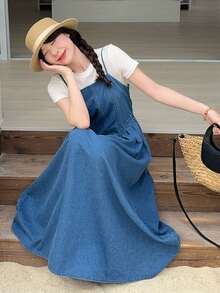 DAZY Women's Denim Suspender Dress, Korean Style Washed Elegant - Medium Wash - View 6