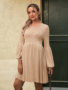SHEIN Maternity Sweater Dress, Fitted Style, Pearl Decor Design, Casual Elegant For Daily Wear And Dates, Solid Color Long Sleeve Maternity Sweater Dress - Khaki - View 5