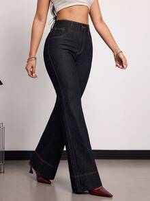 SHEIN Tall Women's High Waist Pocketed Wide Leg Loose Casual Versatile Jeans Summer And Spring Valentine's Day Wedding Elegant Denim Jeans - Dark Wash - View 4