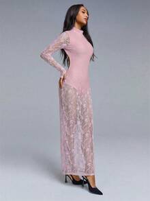 Athîral Gaun Wanita Seksi dengan Belahan Punggung Terbuka dan Detail Renda Kontras, Musim Gugur - Baby Pink - View 4