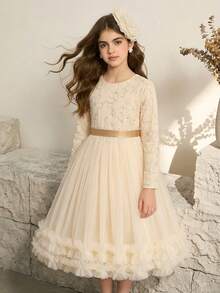 女童奢华阿巴雅长袍，杏色珠饰网纱长袖长袍，优雅闪亮设计，适合派对、庆典、拍照、春秋季等场合。 - 杏色 - 查看 8