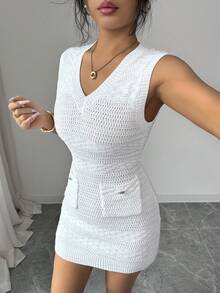 SHEIN Elenzya Sleeveless V-Neck Hollow Out Fitted Bodycon Dress With Metal Button Pockets Textured Elegant Sweater Dress - White - View 5