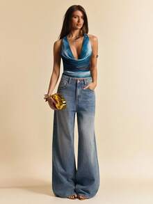 SHEIN BAE Áo tank top hở lưng cổ chữ V màu xanh dương, áo hai dây ôm sát, kiểu dáng bohemian gợi cảm và thanh lịch, thích hợp cho kỳ nghỉ biển. - Màu xanh lam - Xem 4
