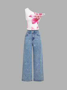 SHEIN MOD 女士碎花修身不对称肩部上衣，夏季花朵上衣，女性化上衣，情人节，夏季，春季女装，嘉年华服装 - 白色 - 查看 5