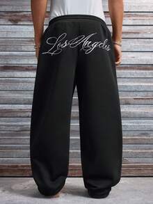 AXEPEAK 男士字母印花抽绳腰带口袋阔腿宽松运动裤 - 黑色 - 查看 4