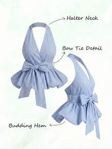 Olithes 2026新款女士裹身式露背上衣，饰有蝴蝶结，经典条纹图案 - 适合日常休闲、办公室通勤、轻松度假穿着 - 彩色 - 查看 1