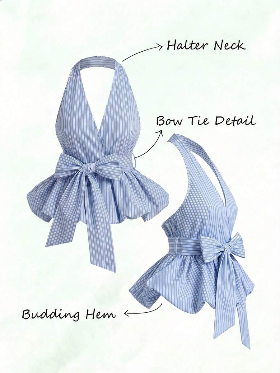 Olithes 2026新款女士裹身式露背上衣，饰有蝴蝶结，经典条纹图案 - 适合日常休闲、办公室通勤、轻松度假穿着 - 彩色 - 查看 1